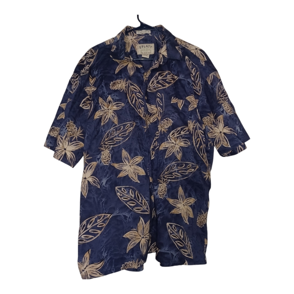 SPLATT Fine Resort Wear Men's Size XL Leaf Print Hawaiian Shirt  Blue Beige